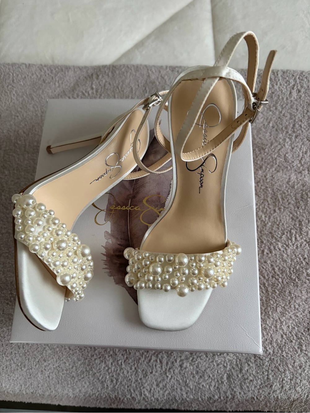 Jessica Simpson Ivory Pearl-Embellished Ankle-Strap Heels